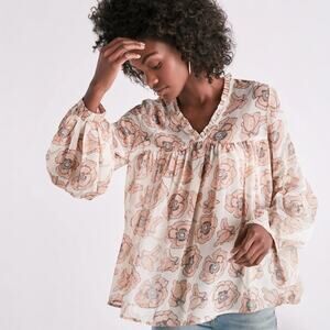 Lucky Brand Pink Poppy Exploded Floral Sheer Chiffon Long Sleeve Boho Top Medium